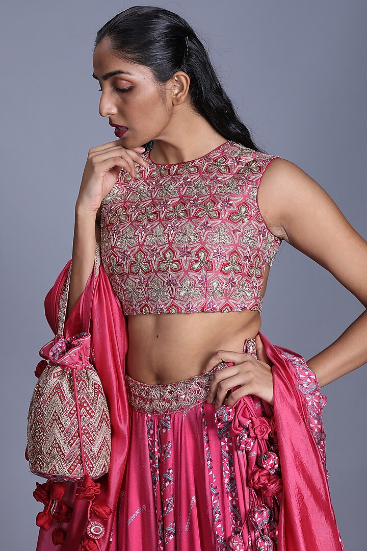 Pink Printed & Embroidered Skirt Set by Punit Balana at Pernia's Pop Up Shop