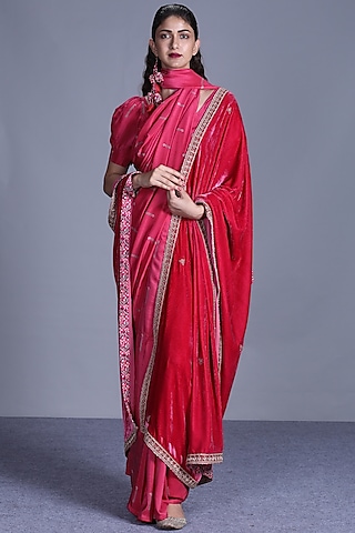 Pink Printed Saree Set With Dupatta by Punit Balana