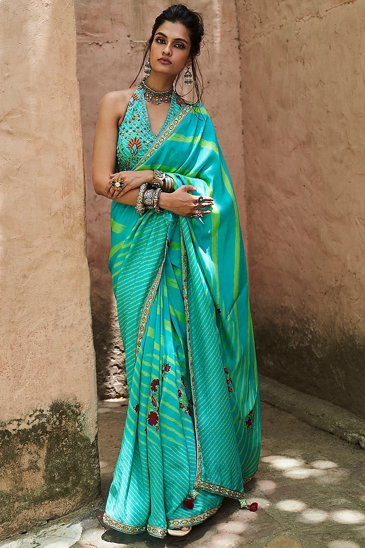 Turquoise Embroidered Saree Set by Punit Balana