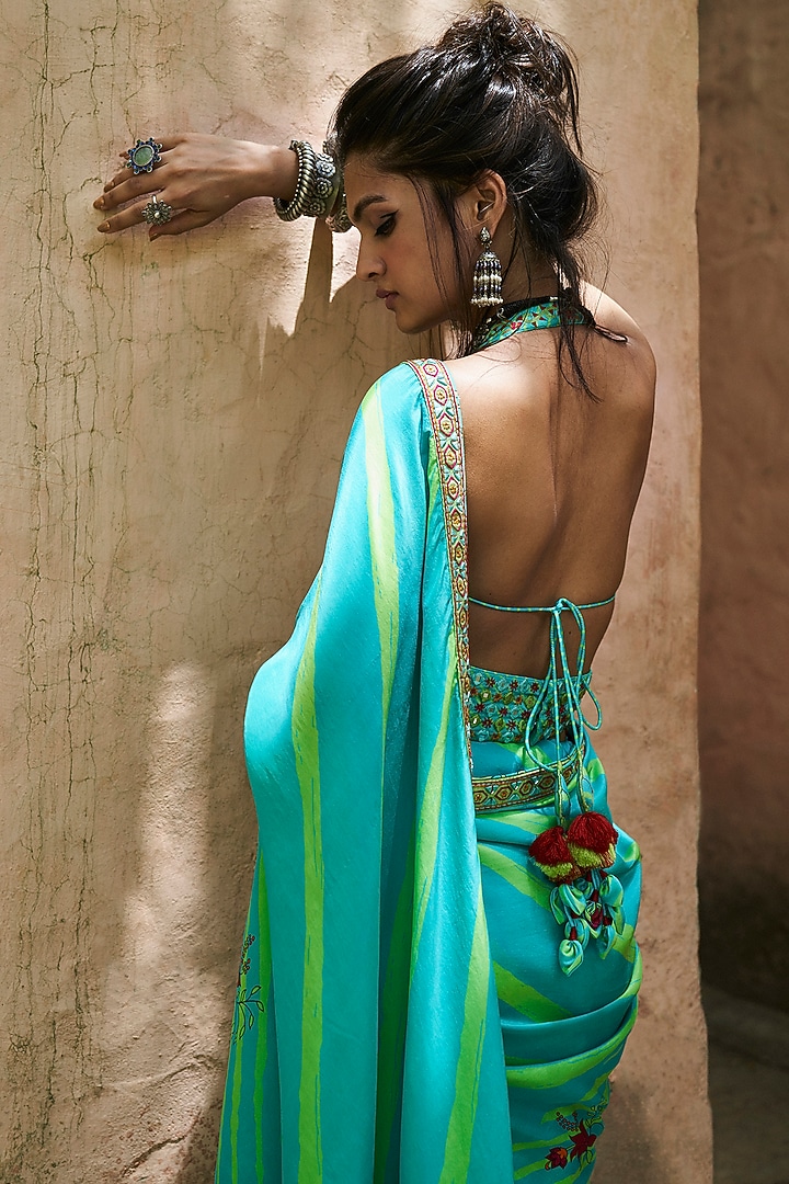 Turquoise Embroidered Wedding Saree Set by Punit Balana at Pernia's Pop Up Shop