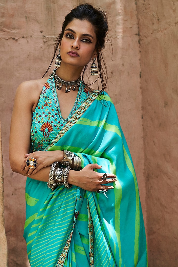 Turquoise Embroidered Wedding Saree Set by Punit Balana at Pernia's Pop Up Shop
