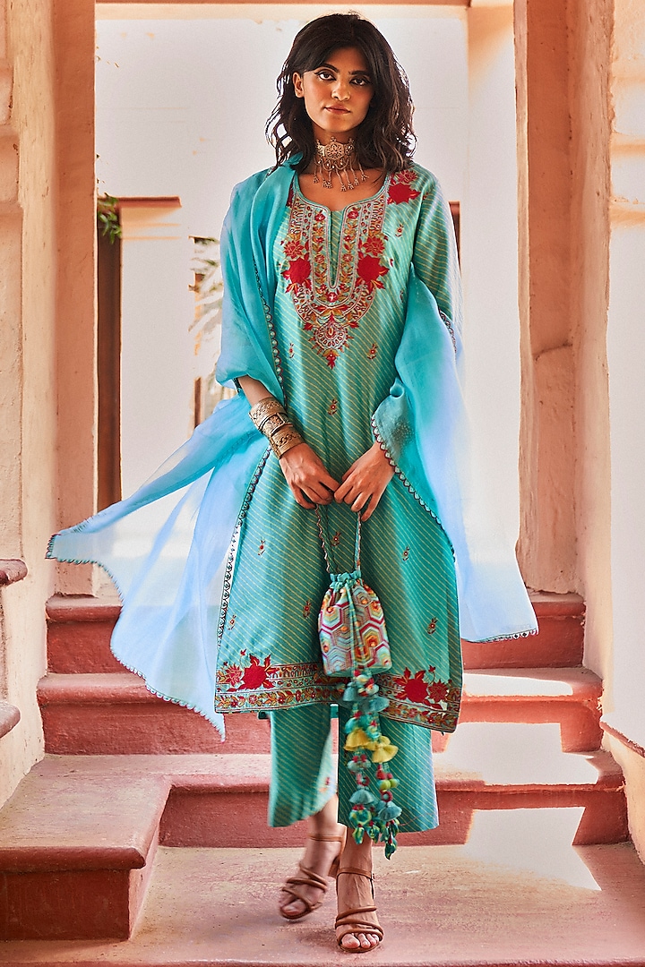 Turquoise Embroidered Kurta Set by Punit Balana