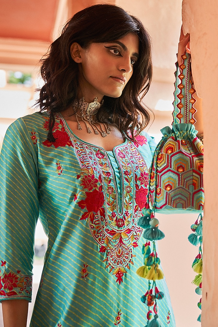 Turquoise Embroidered Kurta Set by Punit Balana at Pernia's Pop Up Shop