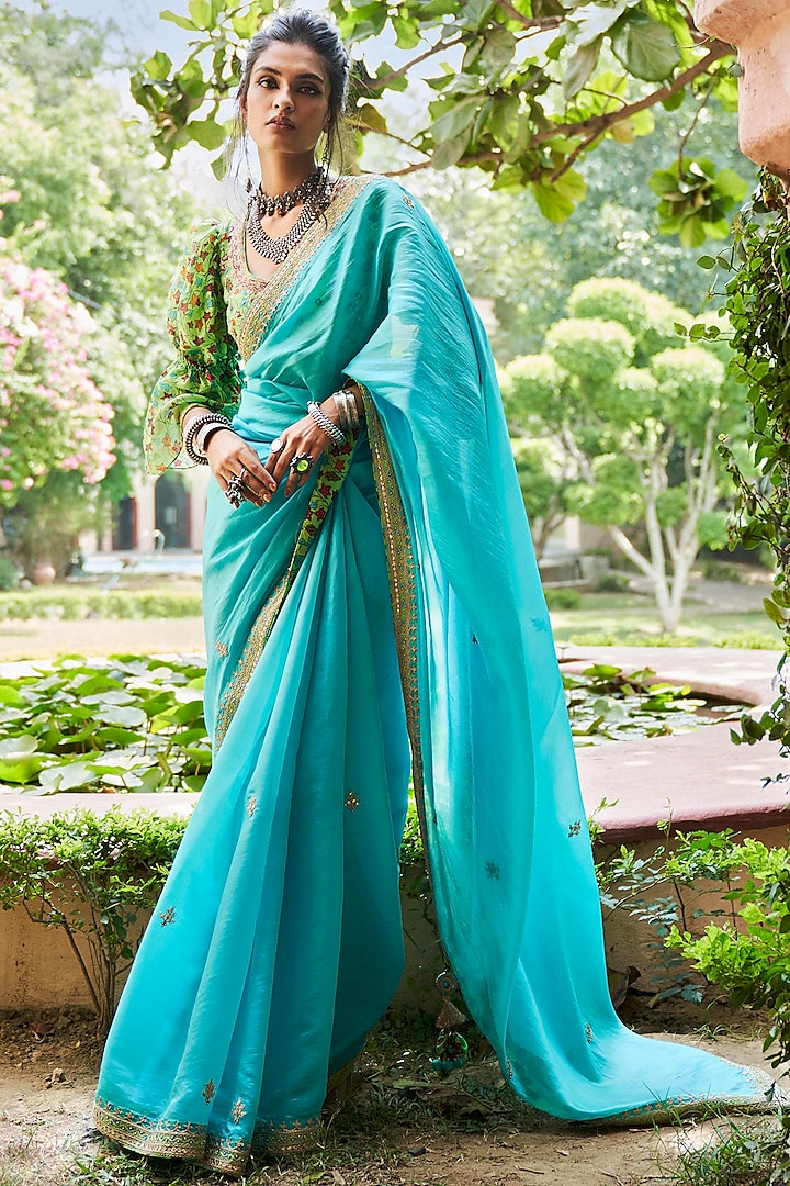 Turquoise Marodi Embroidered Wedding Saree Set by Punit Balana at Pernia's Pop Up Shop