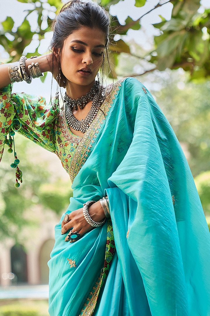 Turquoise Marodi Embroidered Wedding Saree Set by Punit Balana at Pernia's Pop Up Shop