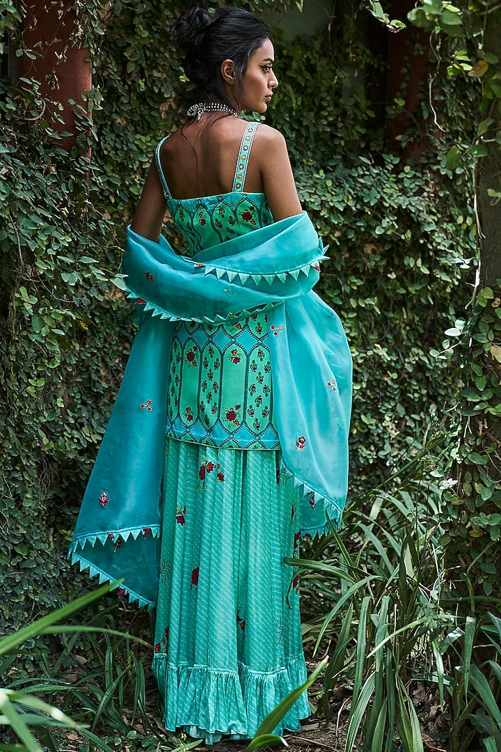 Turquoise Satin Silk Wedding Sharara Set by Punit Balana at Pernia's Pop Up Shop