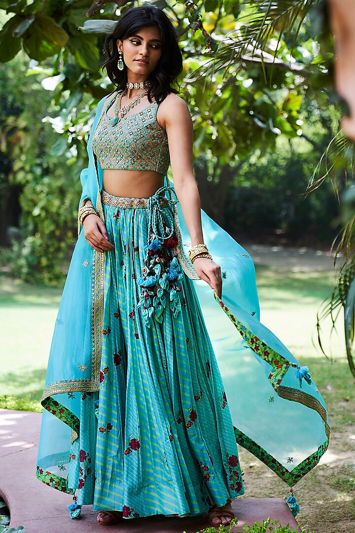 Turquoise Chanderi Silk Lehenga Set by Punit Balana