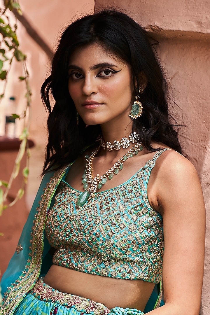 Turquoise Chanderi Silk Wedding Lehenga Set by Punit Balana at Pernia's Pop Up Shop