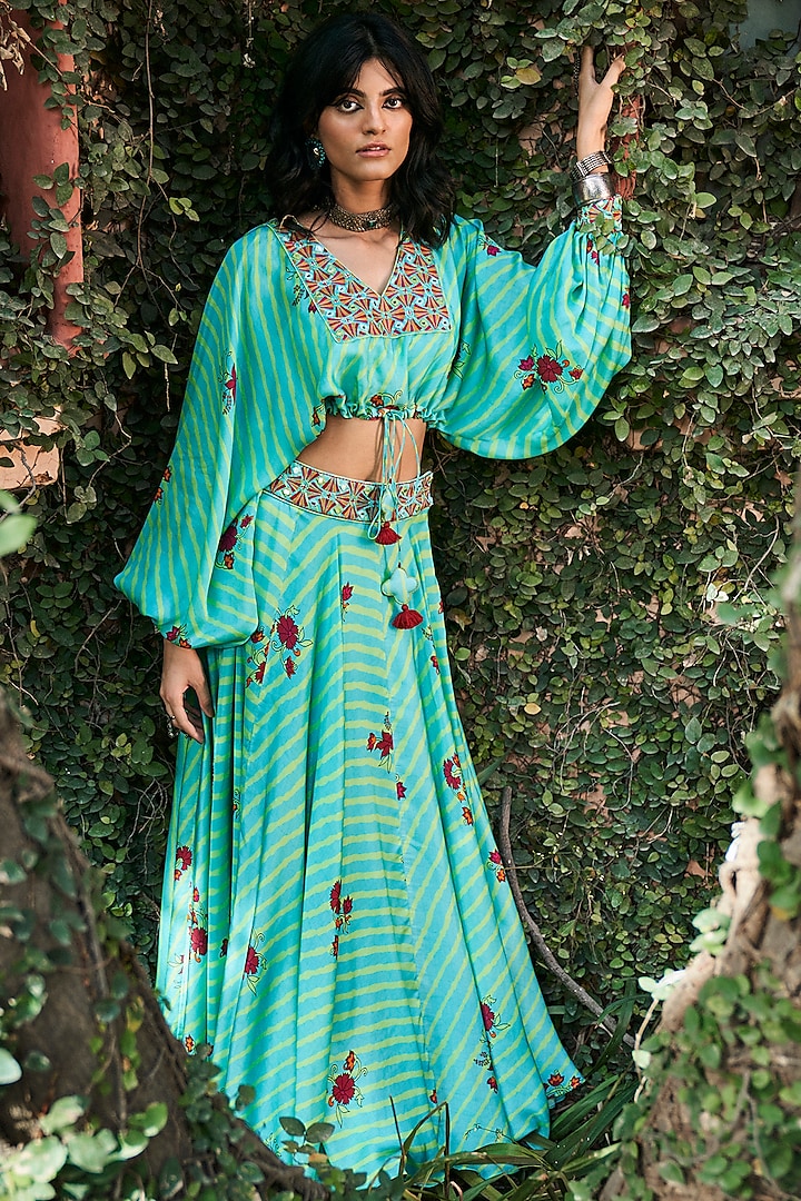 Turquoise Printed Skirt Set by Punit Balana