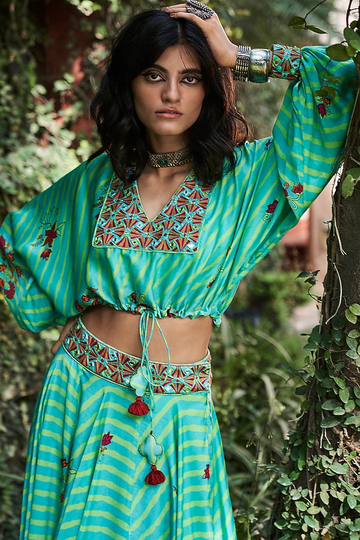 Turquoise Printed Skirt Set by Punit Balana at Pernia's Pop Up Shop