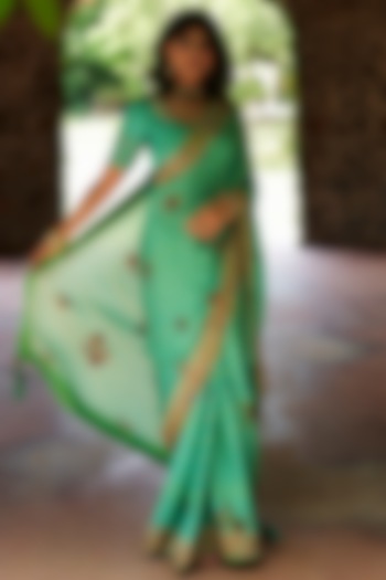 Turquoise Green Embroidered & Printed Saree Set by Punit Balana