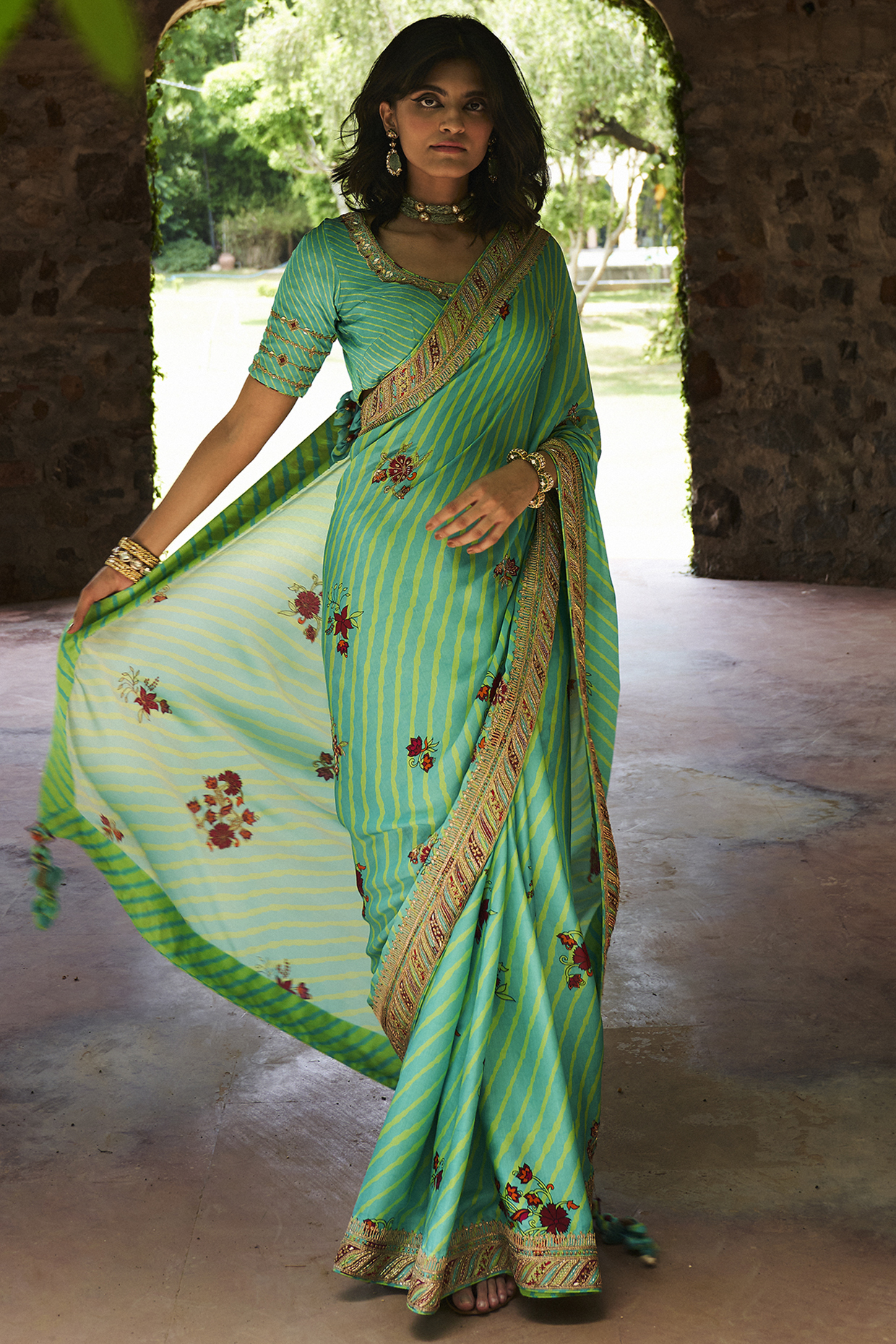 Turquoise Green Embroidered & Printed Saree Set by Punit Balana