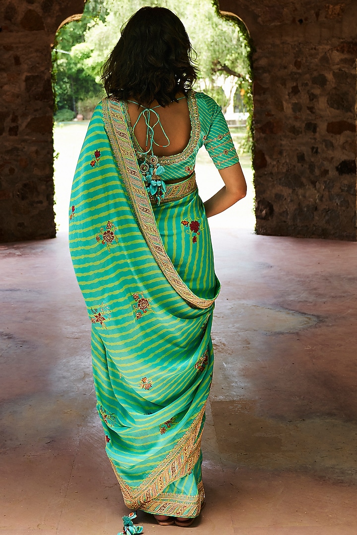 Turquoise Green Embroidered & Printed Wedding Saree Set by Punit Balana at Pernia's Pop Up Shop