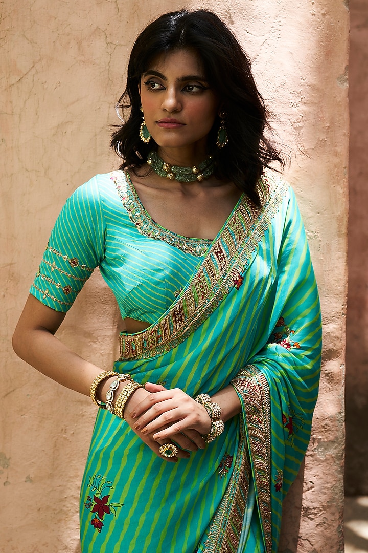 Turquoise Green Embroidered & Printed Wedding Saree Set by Punit Balana at Pernia's Pop Up Shop