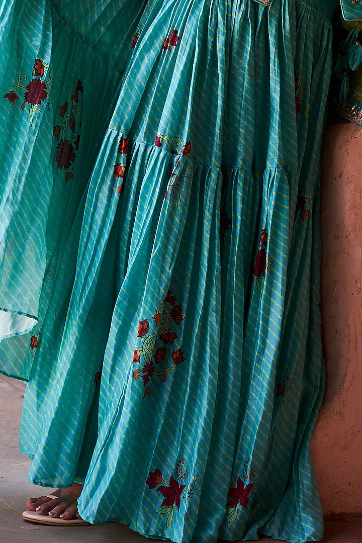 Turquoise Chanderi Silk Printed Gharara Set by Punit Balana at Pernia's Pop Up Shop