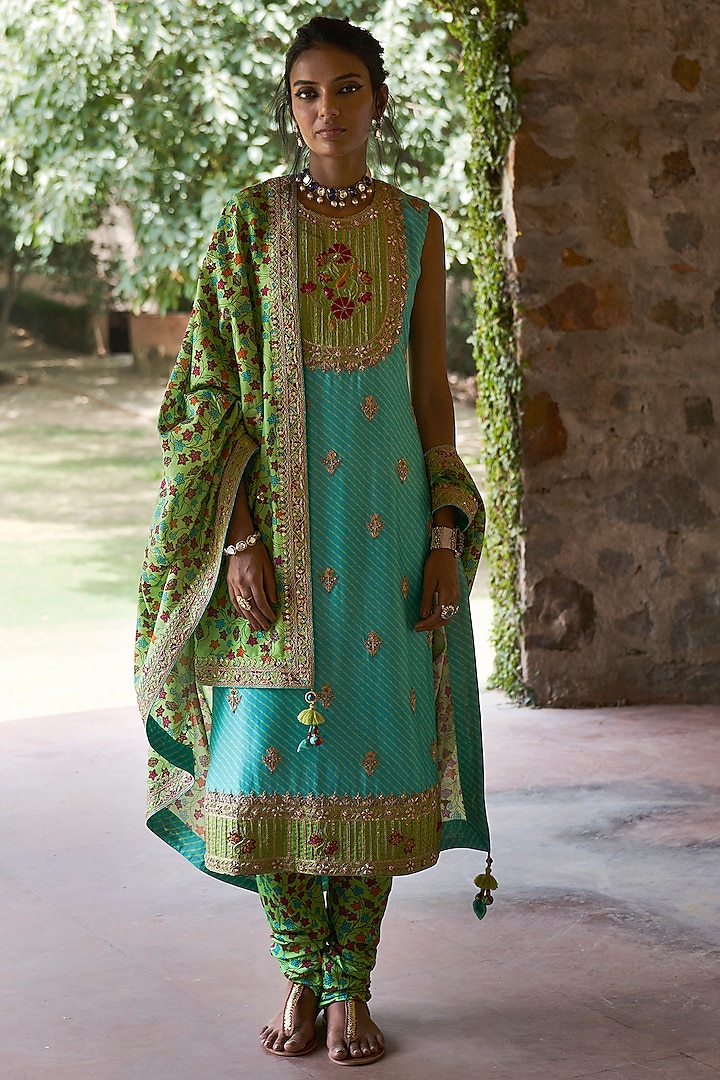 Turquoise Resham Embroidered Kurta Set by Punit Balana
