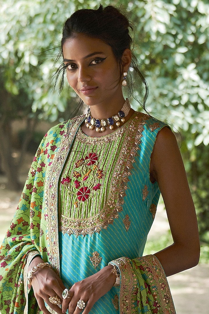 Turquoise Resham Embroidered Kurta Set by Punit Balana at Pernia's Pop Up Shop