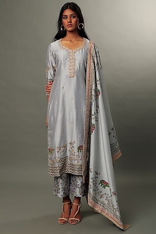 Grey Printed & Embroidered Kurta Set by Punit Balana