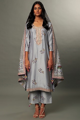 Grey Embroidered & Printed Kurta Set by Punit Balana