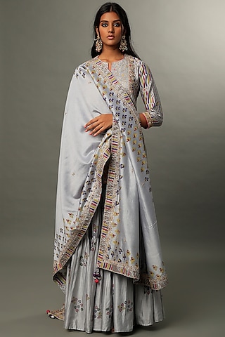 Grey Chanderi Silk & Organza Silk Sharara Set by Punit Balana