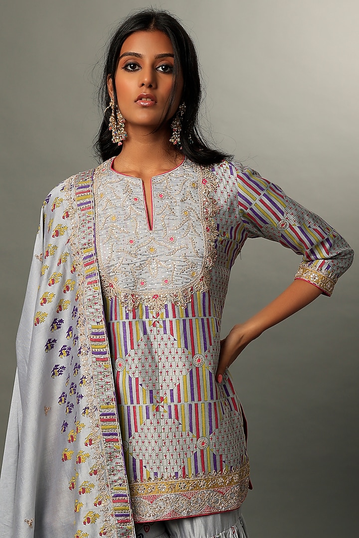 Grey Chanderi Silk & Organza Silk Wedding Sharara Set by Punit Balana at Pernia's Pop Up Shop