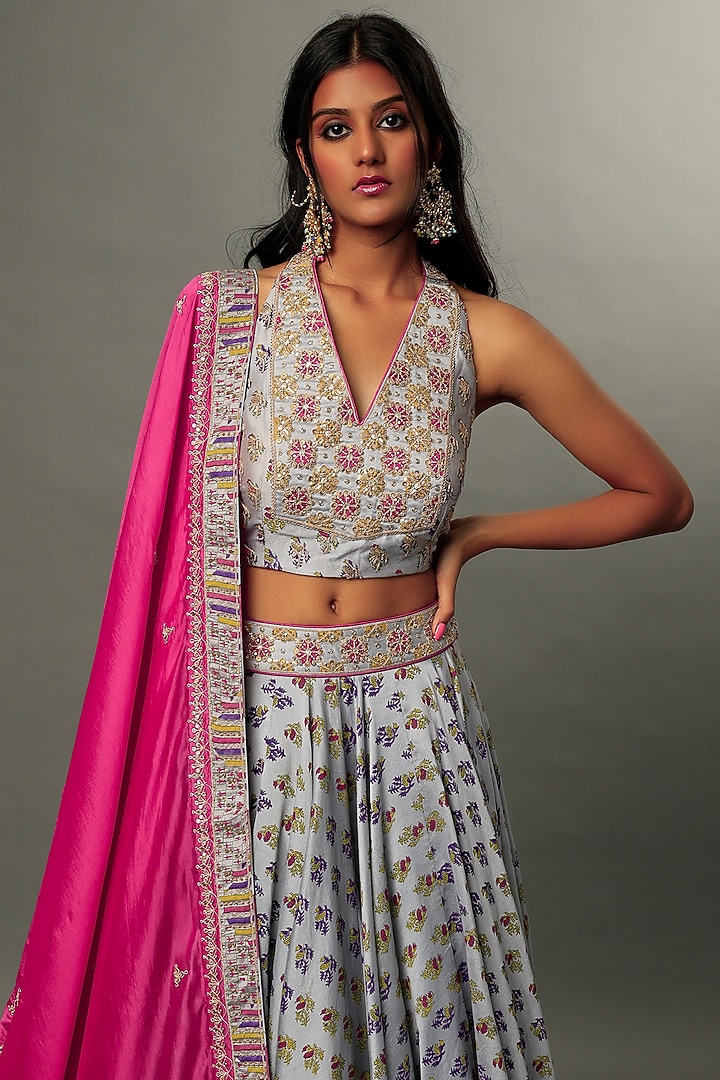 Grey Printed & Embroidered Wedding Lehenga Set by Punit Balana at Pernia's Pop Up Shop