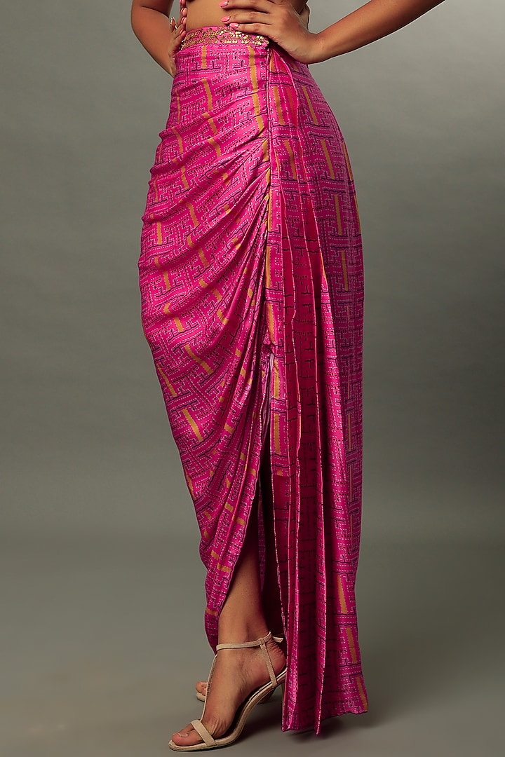 Fuchsia Printed Pleated Skirt Set by Punit Balana at Pernia's Pop Up Shop