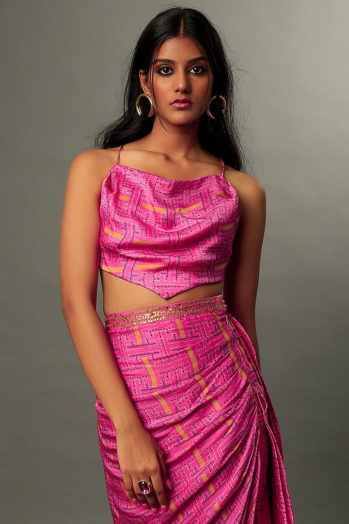 Fuchsia Printed Pleated Skirt Set by Punit Balana at Pernia's Pop Up Shop