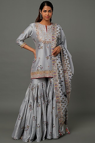 Grey Chanderi Silk & Organza Silk Handblock Printed Gharara Set by Punit Balana