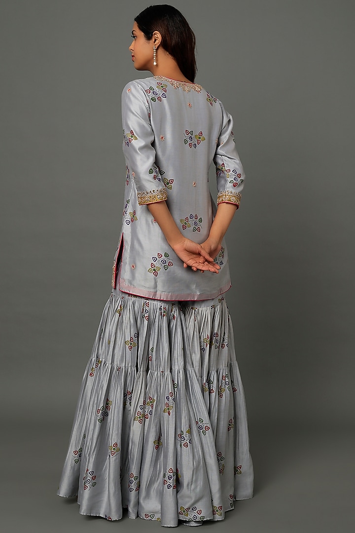 Grey Chanderi Silk & Organza Silk Handblock Printed Gharara Set by Punit Balana at Pernia's Pop Up Shop