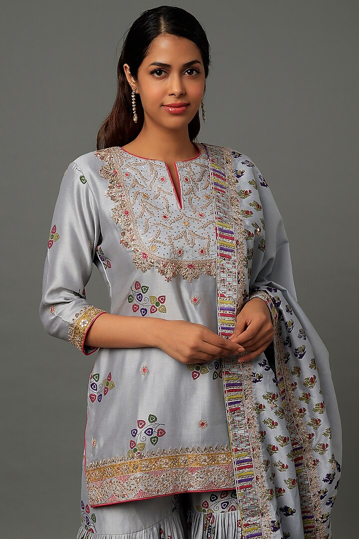 Grey Chanderi Silk & Organza Silk Handblock Printed Gharara Set by Punit Balana at Pernia's Pop Up Shop