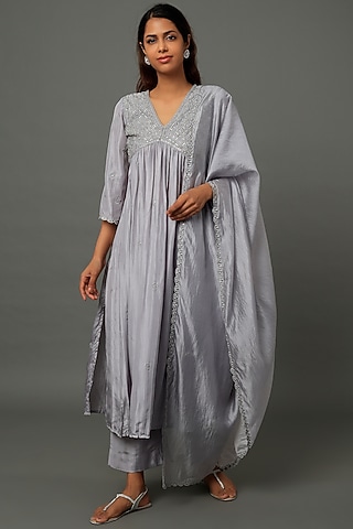 Grey Embroidered & Printed Kurta Set by Punit Balana