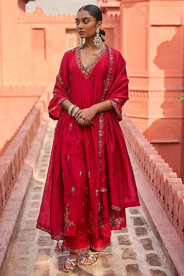 Red Organza Silk & Silk Applique Embroidered Choga Anarkali Set by Punit Balana
