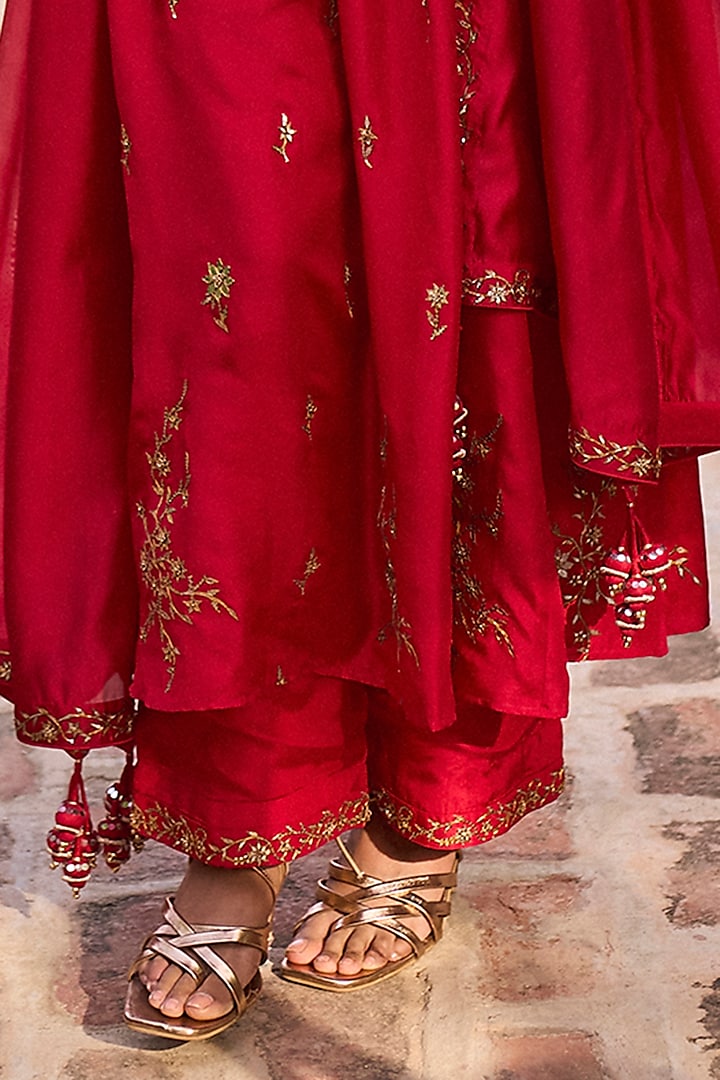Red Organza Silk & Silk Applique Embroidered Choga Wedding Anarkali Set by Punit Balana at Pernia's Pop Up Shop