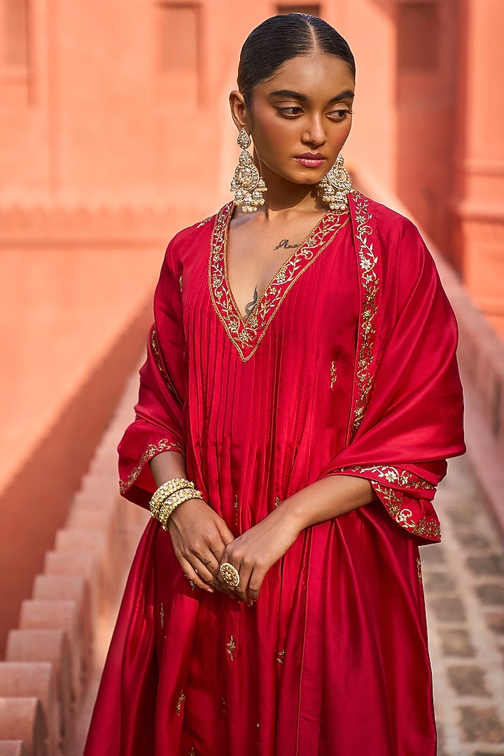 Red Organza Silk & Silk Applique Embroidered Choga Wedding Anarkali Set by Punit Balana at Pernia's Pop Up Shop
