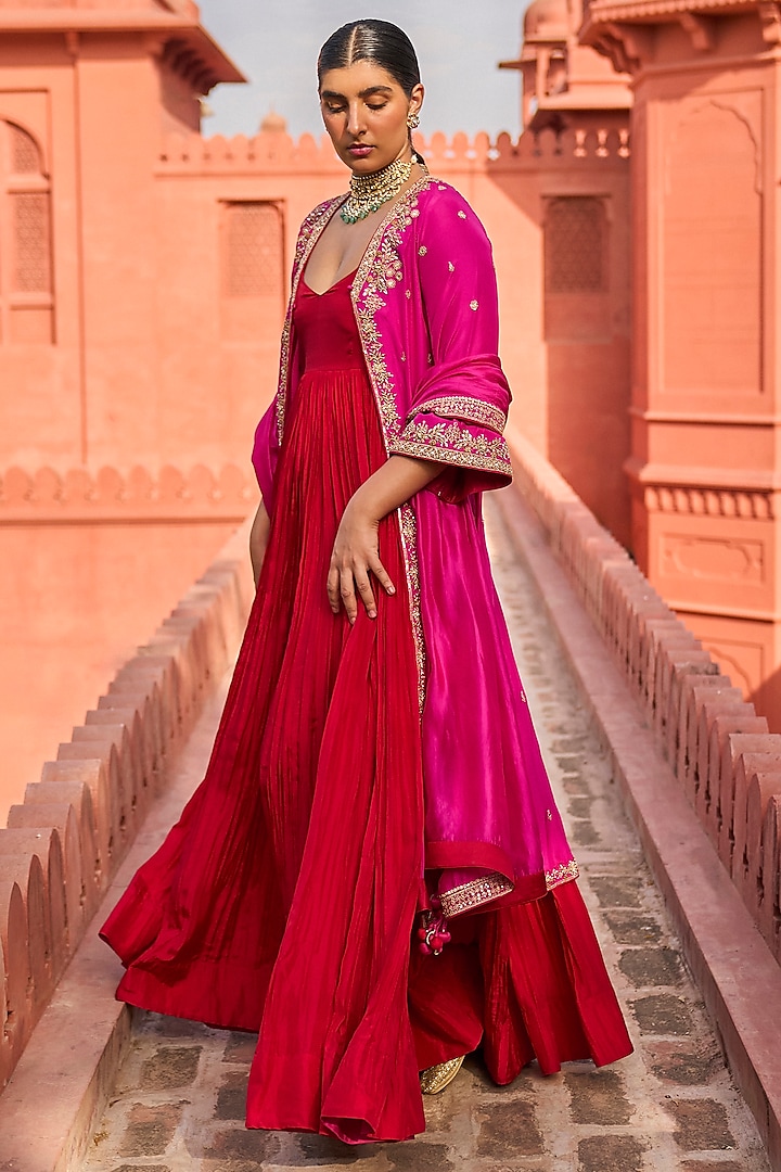 Red & Rani Pink Silk Marodi Embroidered Jacket Anarkali Set by Punit Balana