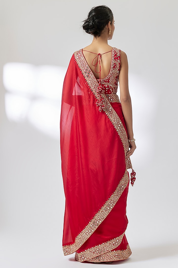 Red Organza Silk Mirror Work Wedding Saree Set by Punit Balana at Pernia's Pop Up Shop