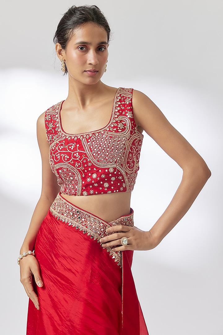 Red Organza Silk Mirror Work Wedding Saree Set by Punit Balana at Pernia's Pop Up Shop
