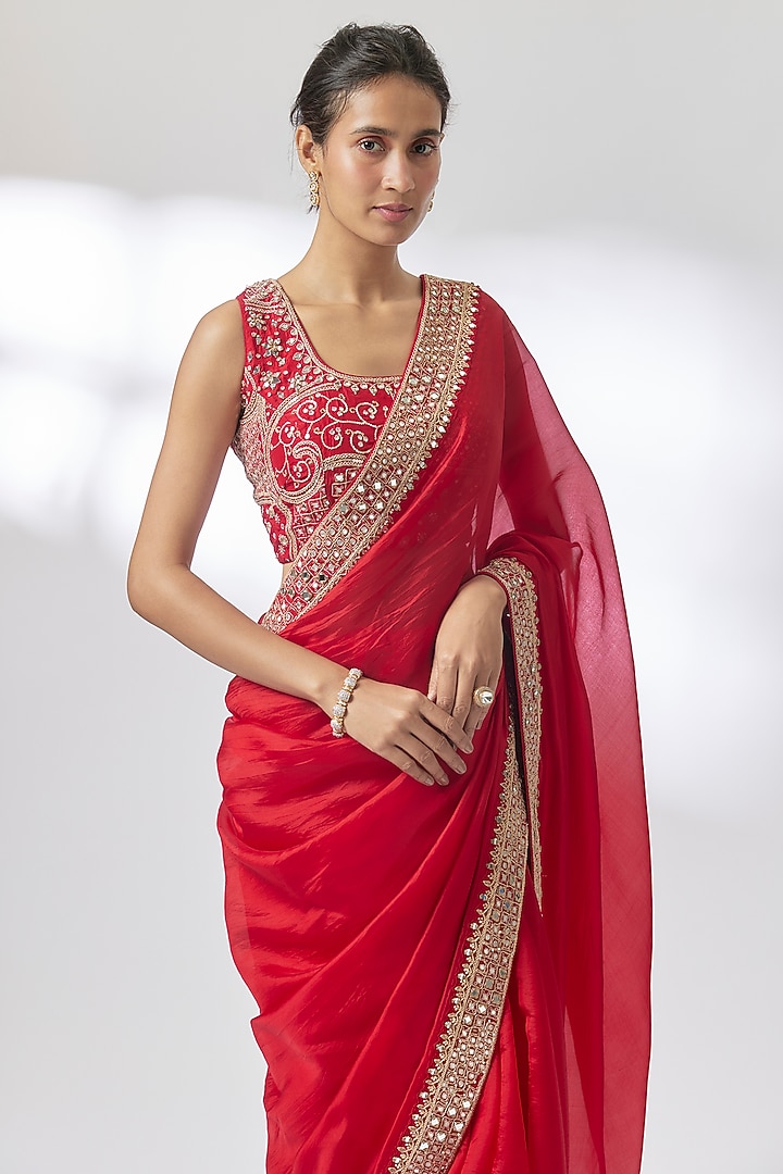 Red Organza Silk Mirror Work Wedding Saree Set by Punit Balana at Pernia's Pop Up Shop