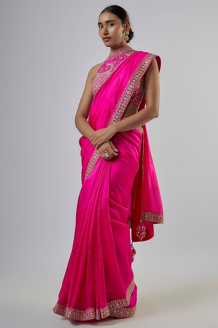 Hot Pink Organza Silk Patra Work Wedding Saree Set by Punit Balana at Pernia's Pop Up Shop