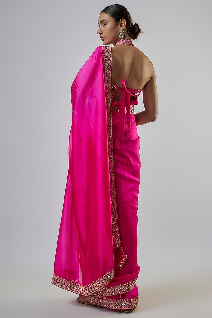 Hot Pink Organza Silk Patra Work Wedding Saree Set by Punit Balana at Pernia's Pop Up Shop