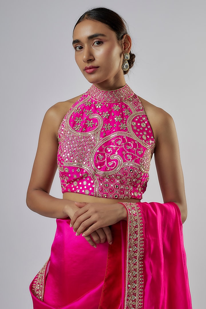 Hot Pink Organza Silk Patra Work Wedding Saree Set by Punit Balana at Pernia's Pop Up Shop