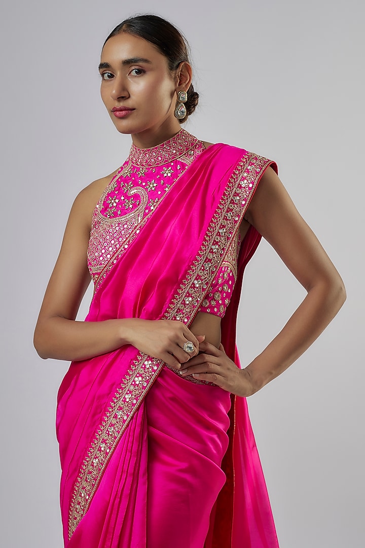 Hot Pink Organza Silk Patra Work Wedding Saree Set by Punit Balana at Pernia's Pop Up Shop