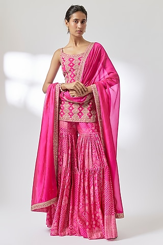 Gulabi Pink Chanderi Silk Gharara Set by Punit Balana