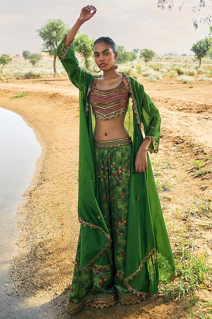 Green Satin Silk & Organza Silk Printed Sharara Set by Punit Balana
