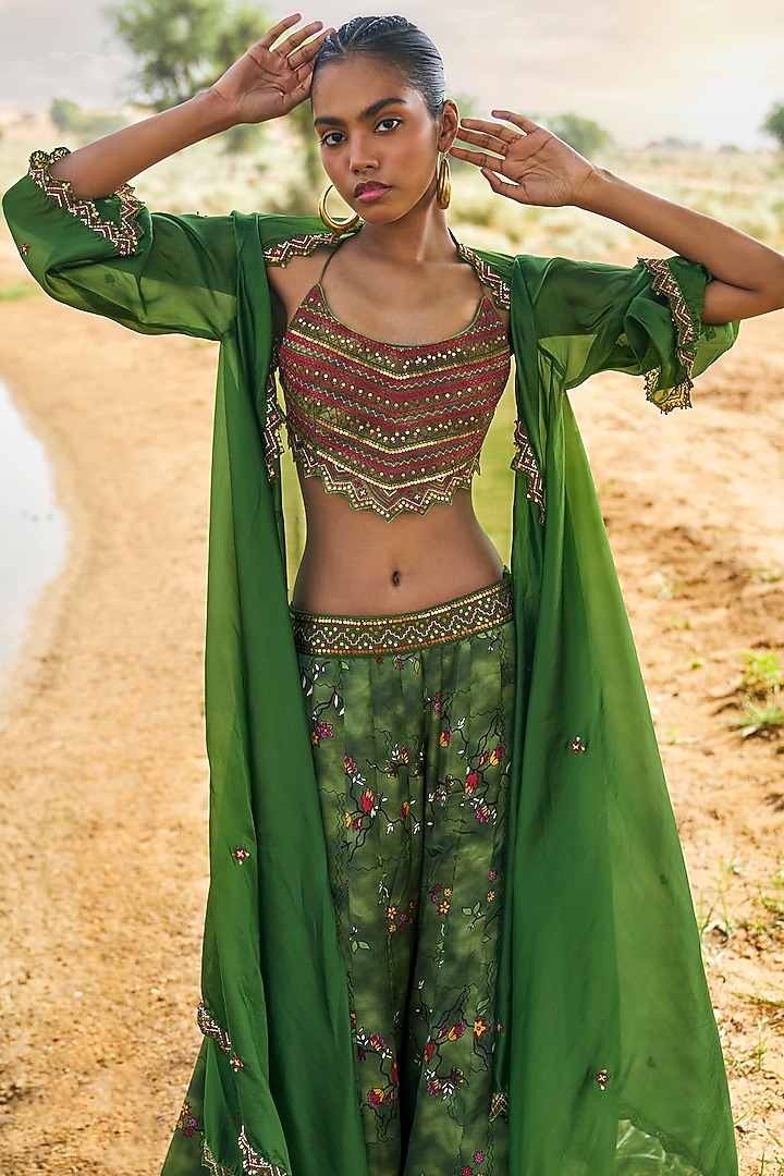 Green Satin Silk & Organza Silk Printed Wedding Sharara Set by Punit Balana at Pernia's Pop Up Shop