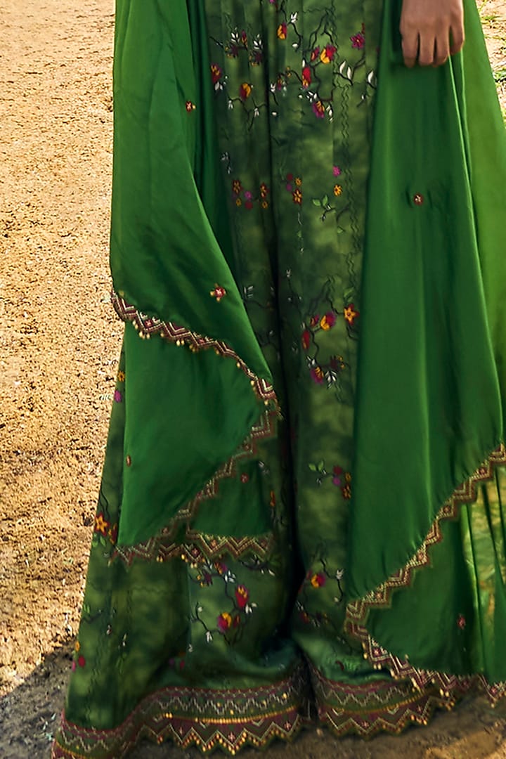 Green Satin Silk & Organza Silk Printed Wedding Sharara Set by Punit Balana at Pernia's Pop Up Shop
