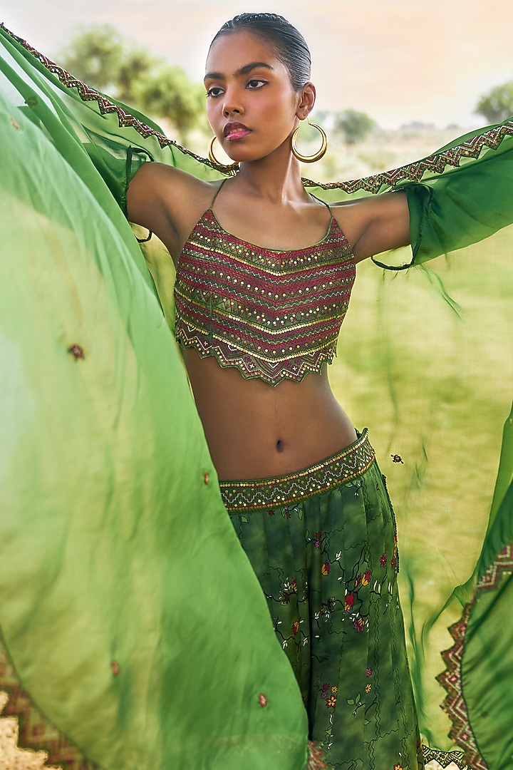 Green Satin Silk & Organza Silk Printed Wedding Sharara Set by Punit Balana at Pernia's Pop Up Shop