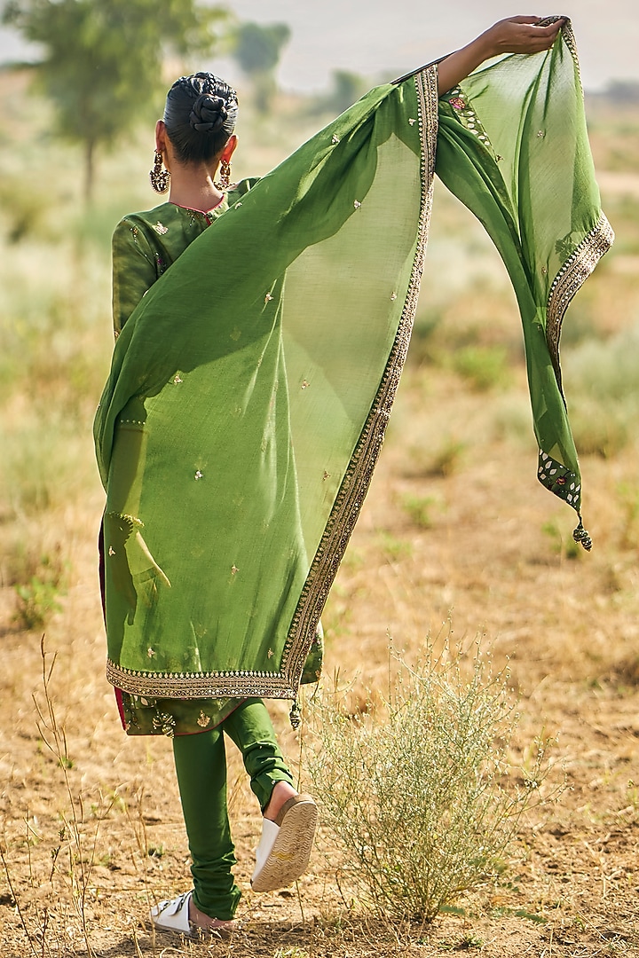 Green Chanderi Silk Embroidered & Printed Kurta Set by Punit Balana at Pernia's Pop Up Shop