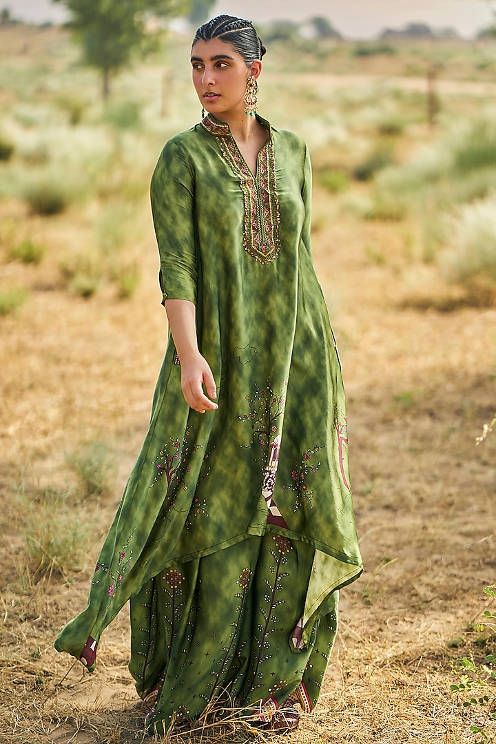 Green Satin Silk Printed Kaftan Set by Punit Balana
